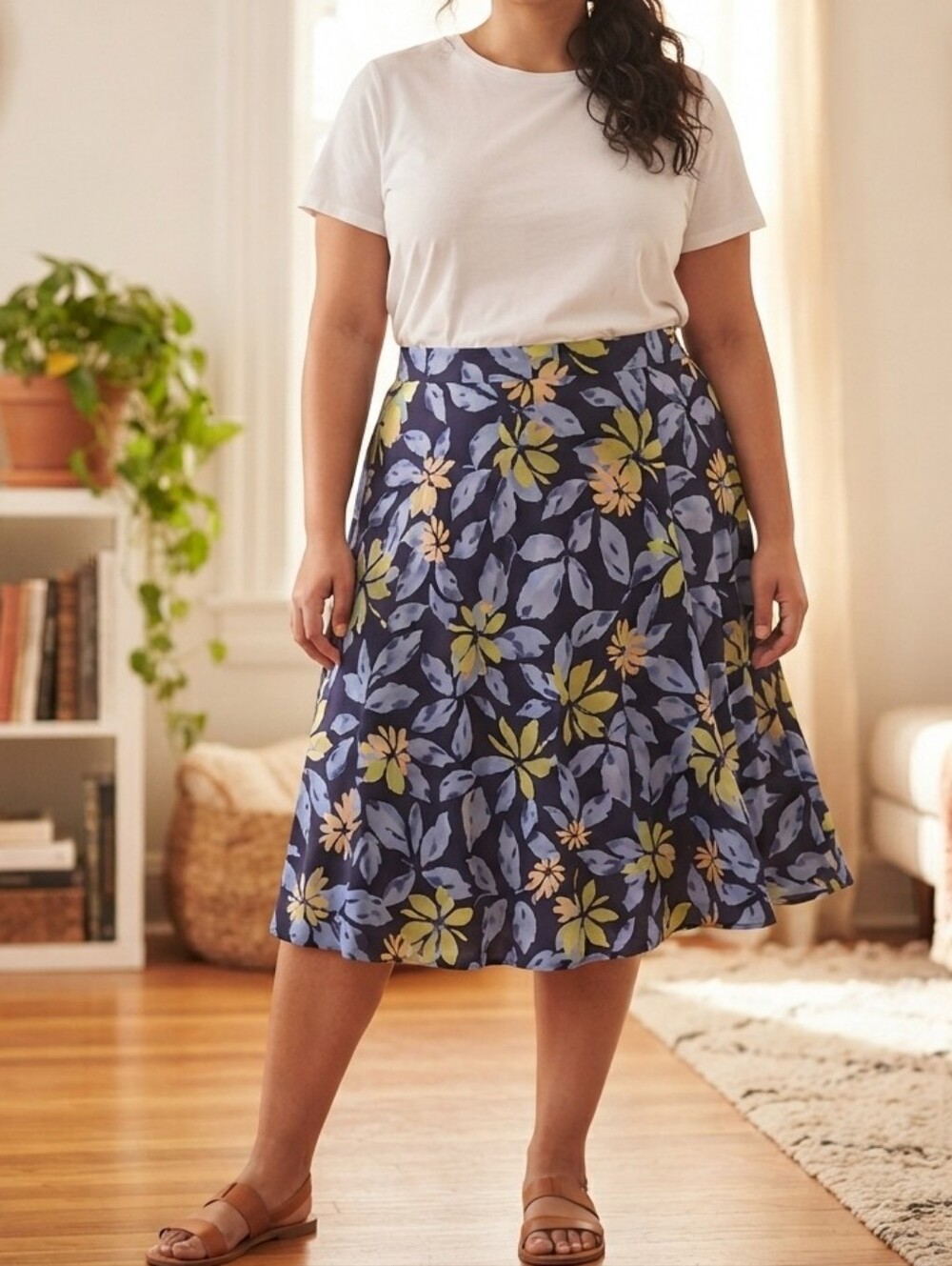 Sag Harbor Woman Blue Floral Midi Skirt 2X Pull On Elastic Waist
